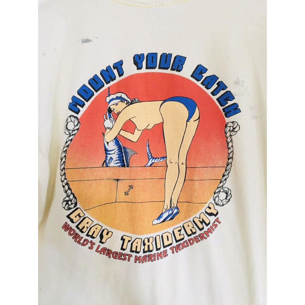 Vtg Hot Girl Mount Your Catch Gray Taxidermy Marine Sz L Single Stitch Florida